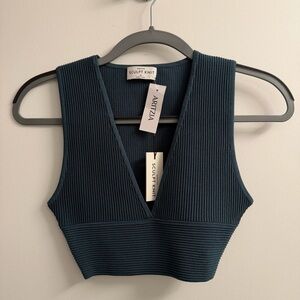 Babaton Sculpt Knit Deep V Crop Top - Monarch Teal - NWT